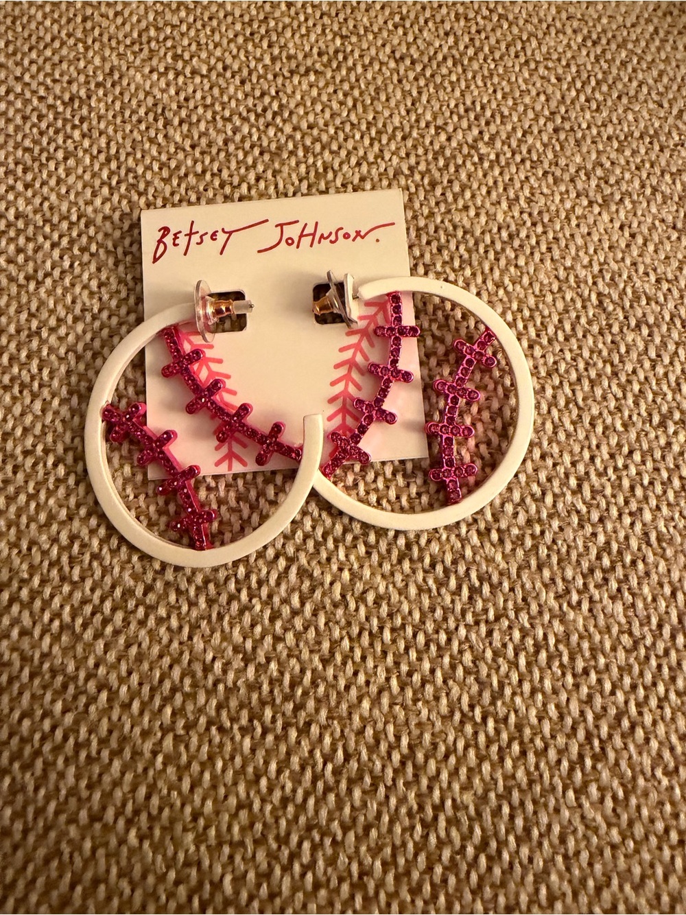 Betsey Johnson White Hoops with Pink Crystal Baseball Stitch Detail